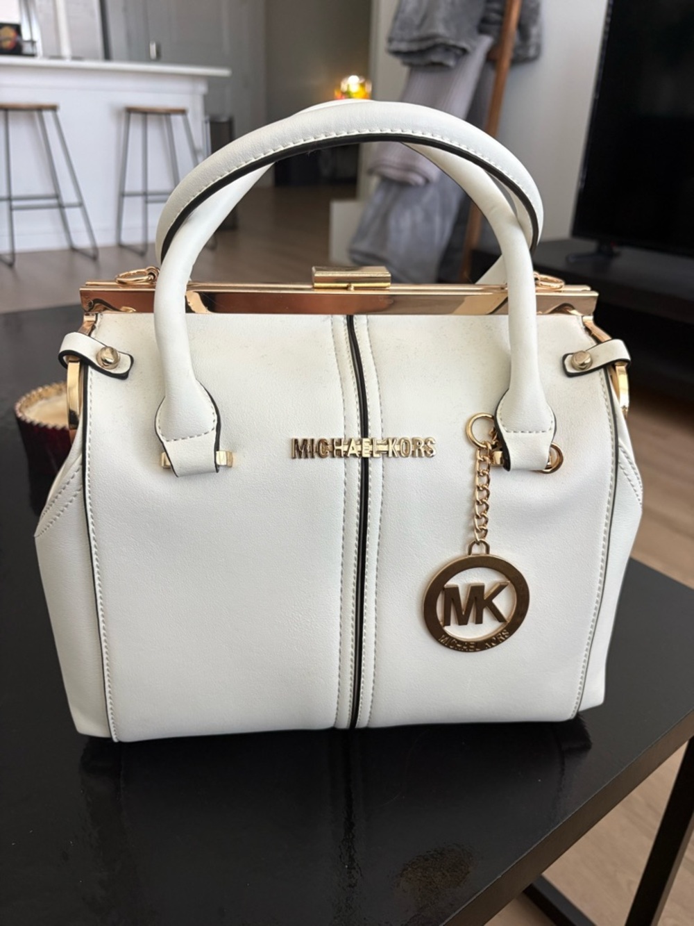 Michael Kors Cream Leather Satchel with Gold-Tone Hardware